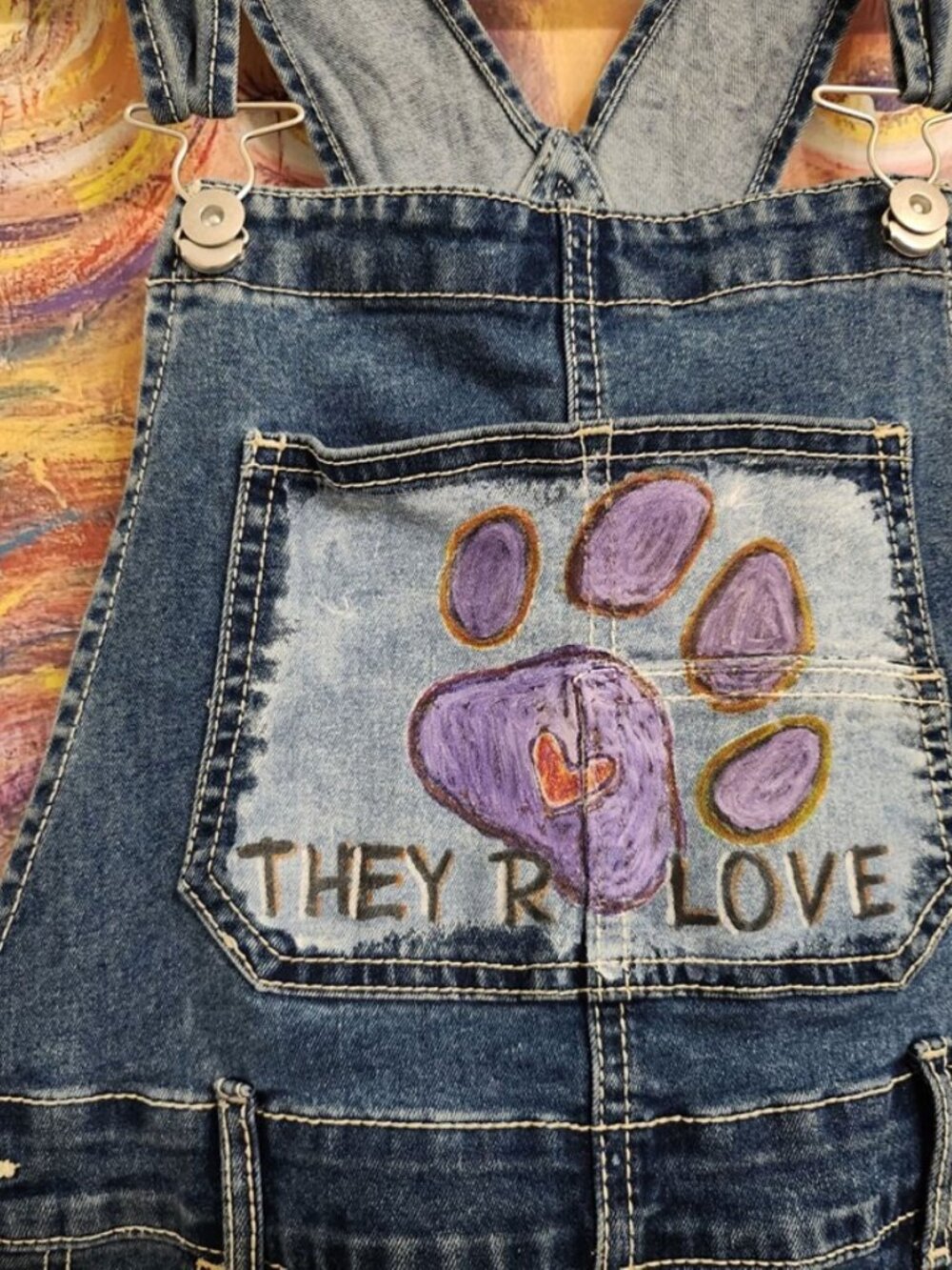 OOAK Hand Painted Vegan Denim Shortalls Upcycled Overalls XS/S - Picture 8 of 8